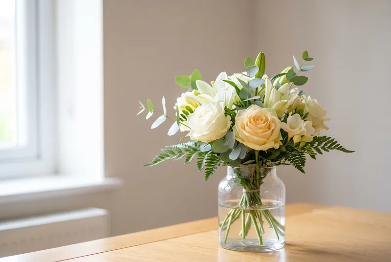 Ein heller Strauß aus weißen und cremefarbenen Rosen, Lilien und Freesien in einer Glasvase
