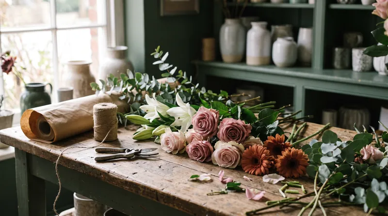 Rosen, Lilien und Gerbera mit Packpapier und Bindegarn auf einer hölzernen Werkbank