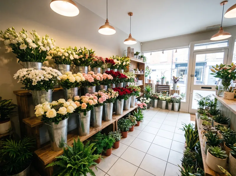 Blick in einen Blumenladen mit Schnittblumen in Zinkeimern auf Holzregalen und Grünpflanzen