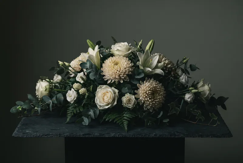 Ein zurückhaltendes Gesteck aus weißen Rosen, Lilien und Chrysanthemen mit dunkelgrünem Blattwerk